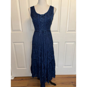 Western Prairie Lace-Up Midi Dress Embroidered Boho Cowgirl Festival